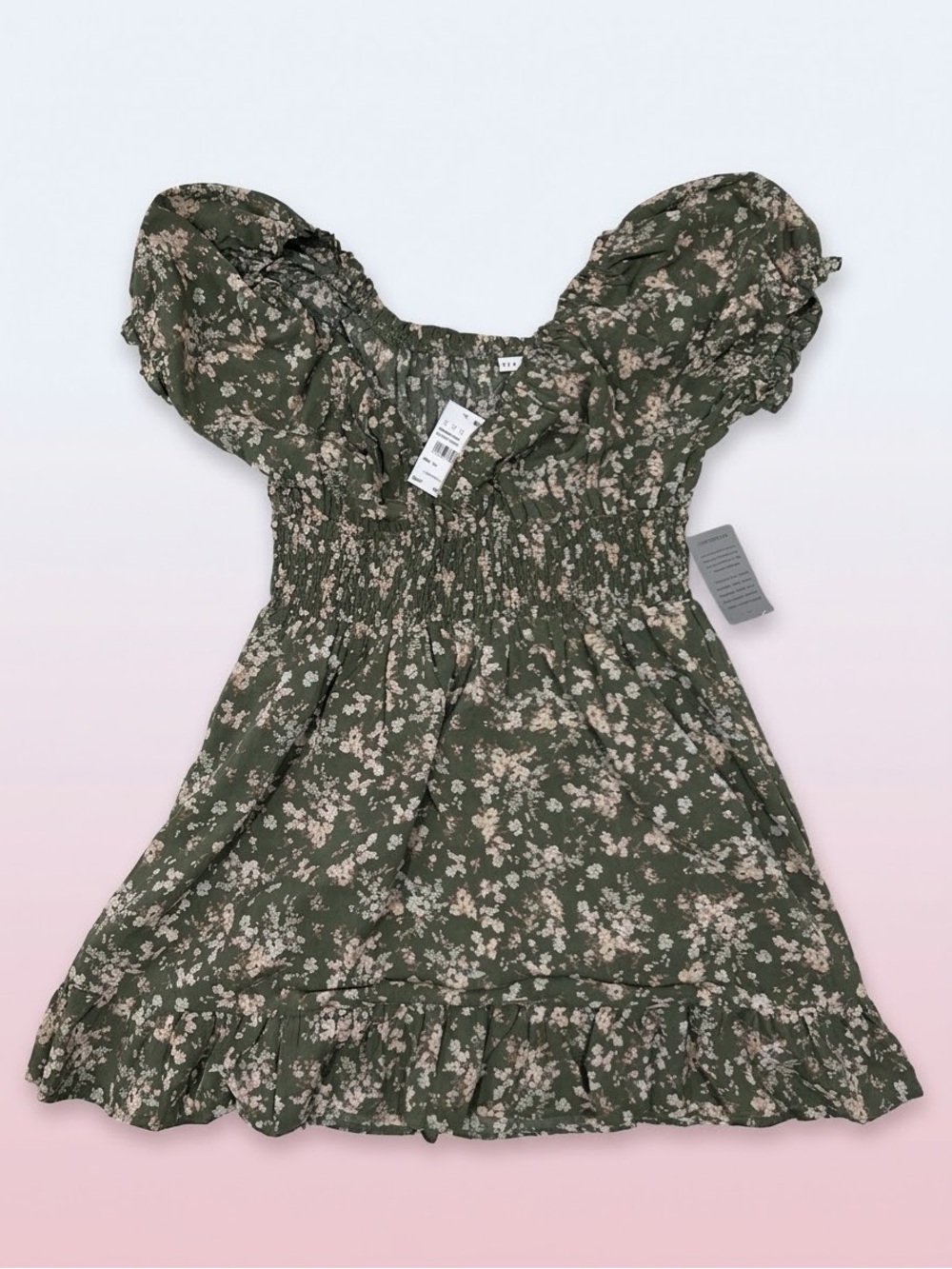 Brand New With Tags! LUSH Olive Floral Smocked Mini Dress